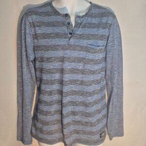 Brooklyn Trademark pull over shirt, buttoned collar, blue/grey stripes. Medium